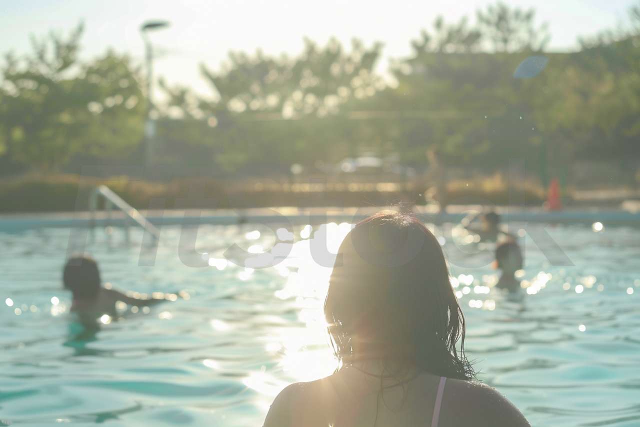 夏の午後の屋外プールで遊ぶ人々