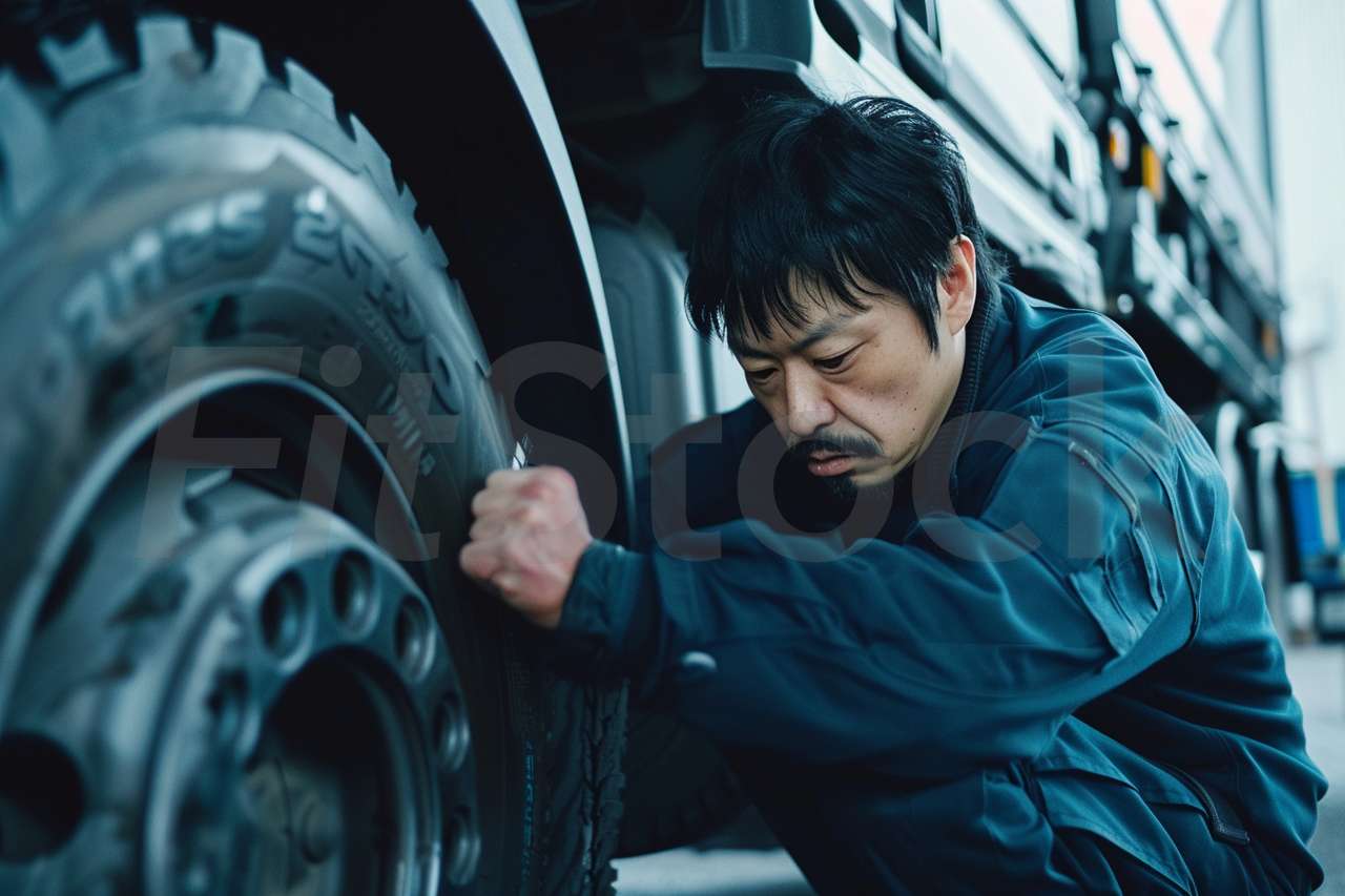 トラックのタイヤを点検する整備士