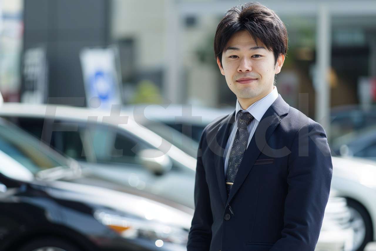 自動車ディーラーで働くスーツ姿の若い日本人男性