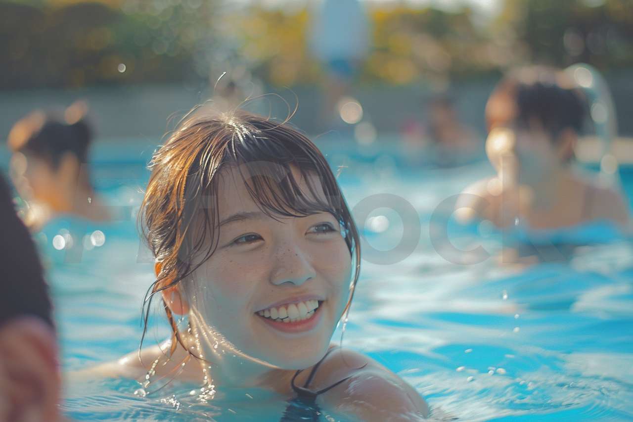 プールで楽しむ笑顔の女性