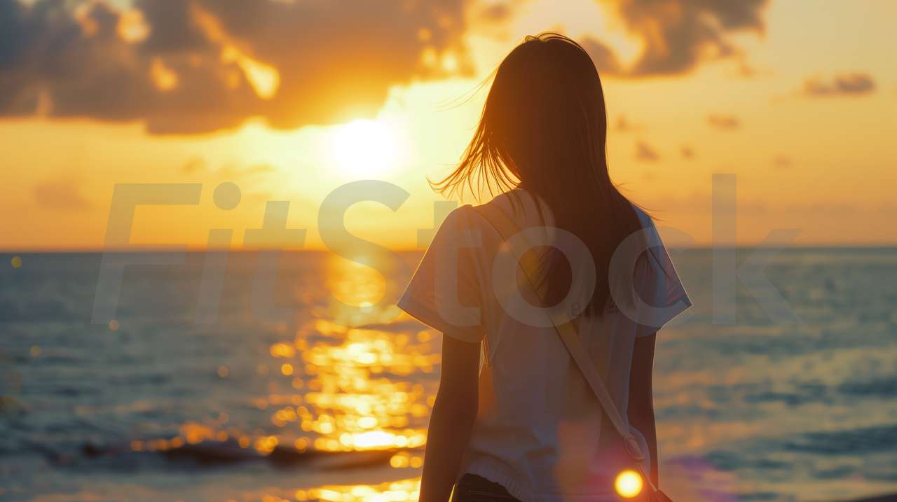 夕暮れの海辺に立つ少女の後ろ姿