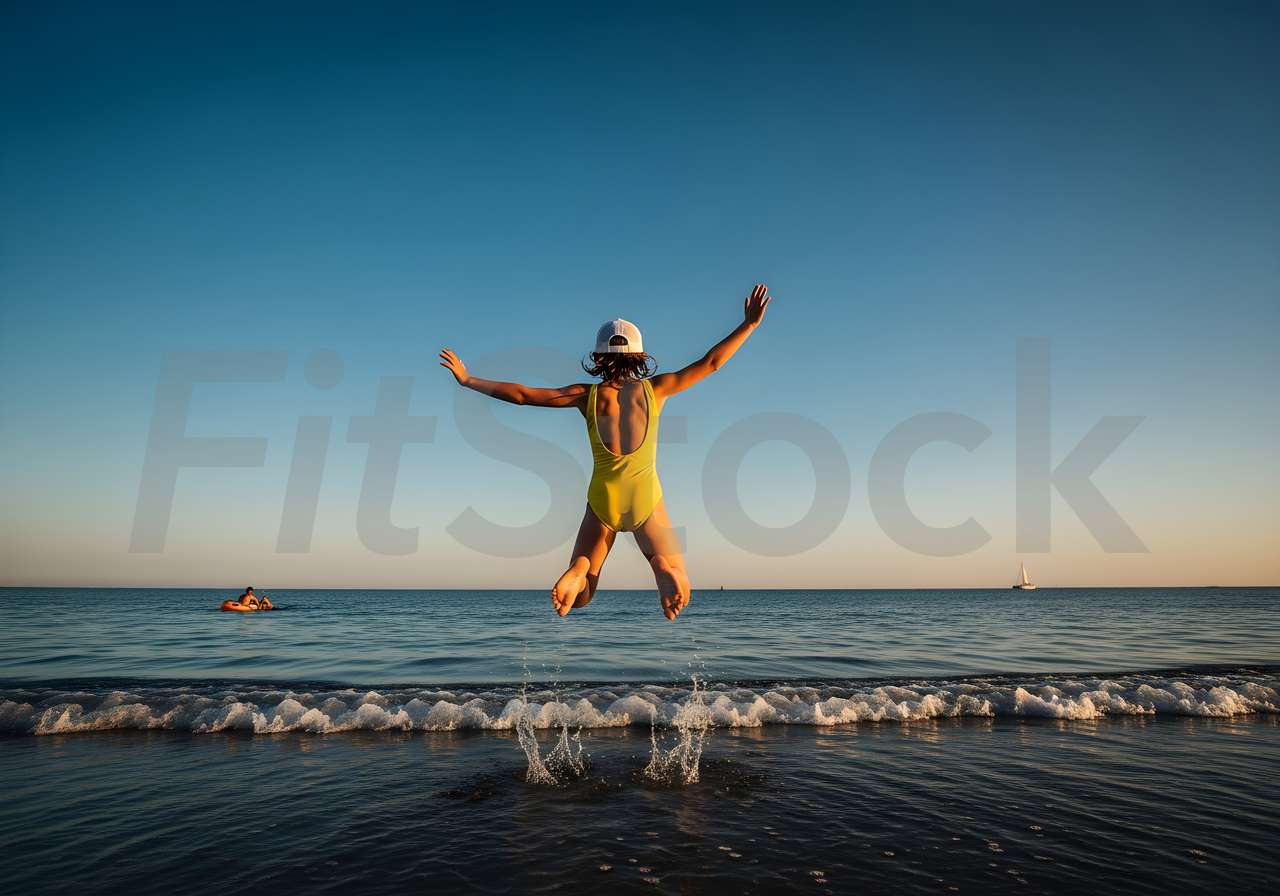海辺で元気にジャンプする水着の女性