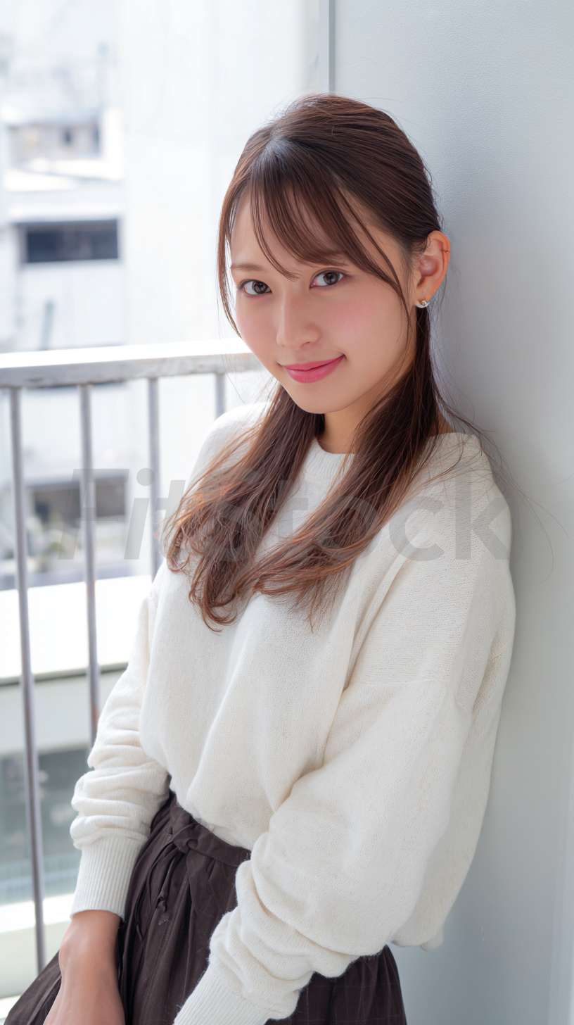 窓辺で微笑む若い日本人女性