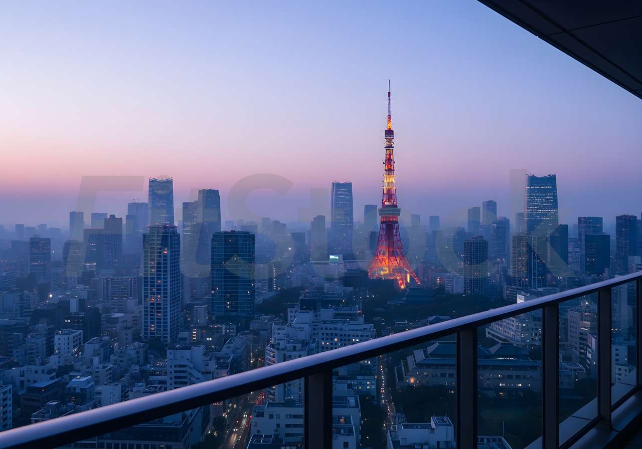 バルコニーから眺める東京タワーと都会の夕景