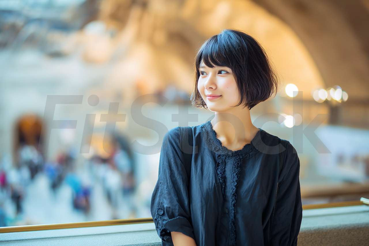 美術館で微笑むショートヘアの女性