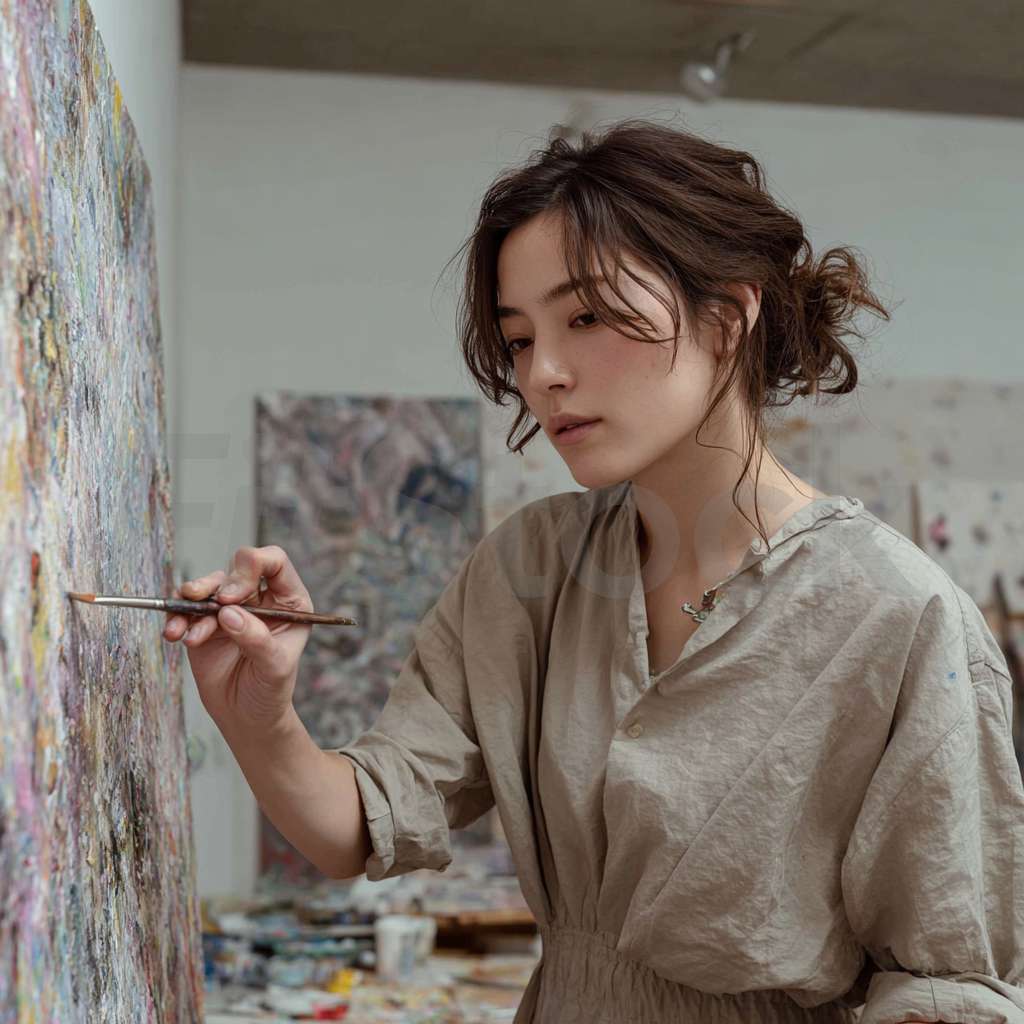 アトリエで絵画制作に取り組む女性アーティスト