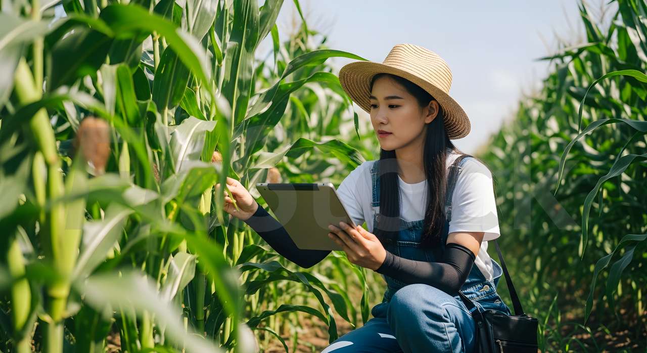 トウモロコシ畑でタブレットを使って生育調査をする女性農家