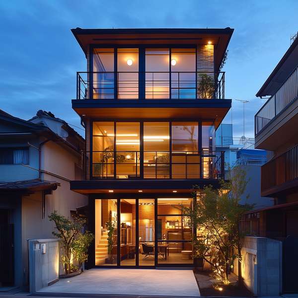 都会の夜に佇むモダンな3階建て住宅