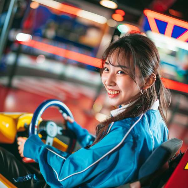 ゲームセンターでドライブゲームを楽しむ女性