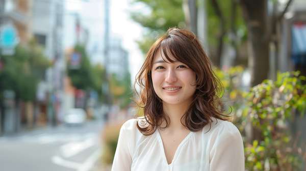 街角で微笑む明るい雰囲気の女性