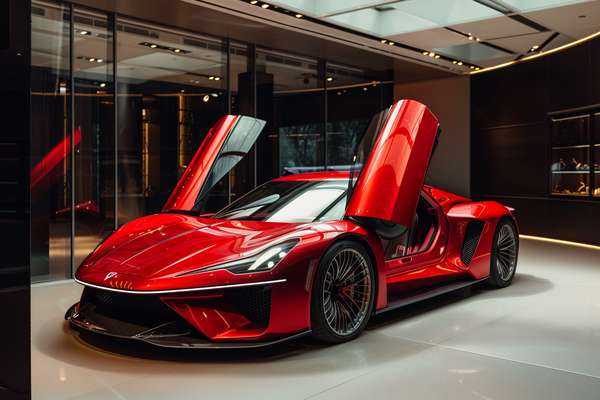 ショールームに展示された赤い高級スポーツカー