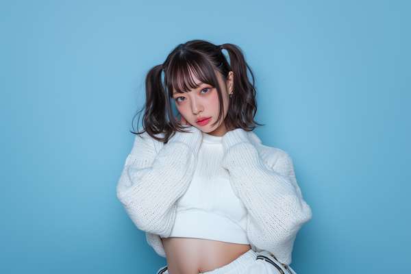 白いニットとツインテールのキュートな日本人女性