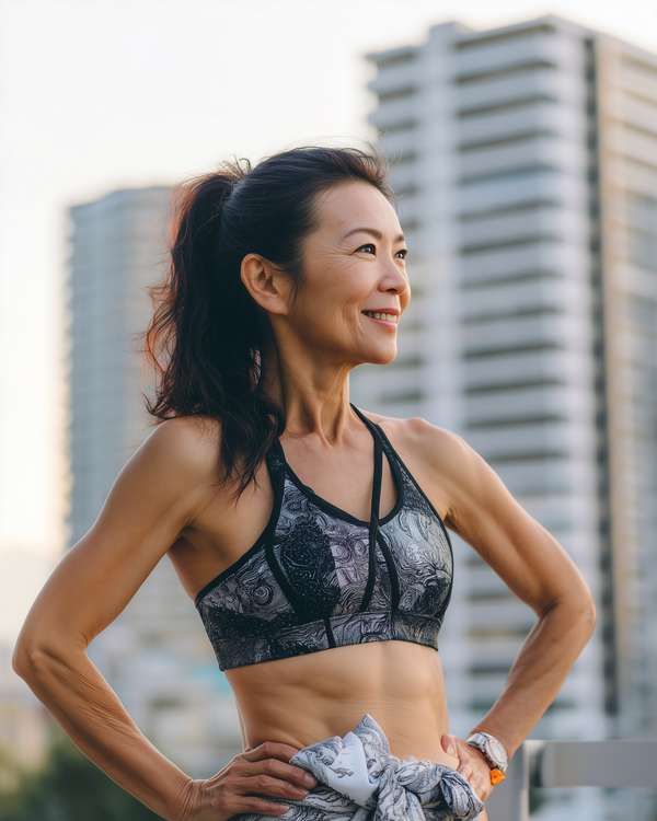 都会のビルを背景に微笑む健康的な女性
