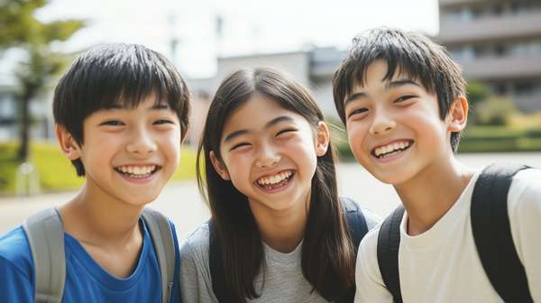 笑顔で並ぶ仲の良い中学生たち