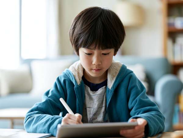 タブレットで学習する少年