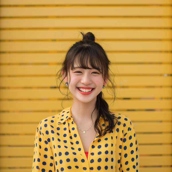黄色い背景の前で笑顔を見せるポルカドットシャツの女性
