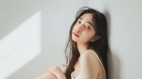 壁にもたれかかる美しい女性のポートレート