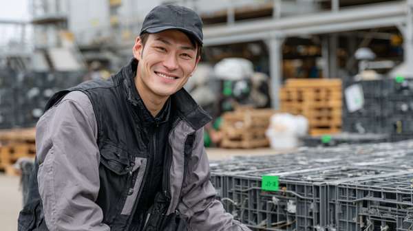 物流倉庫で働く笑顔の男性作業員