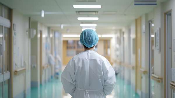 病院の廊下を歩く医療従事者の後ろ姿