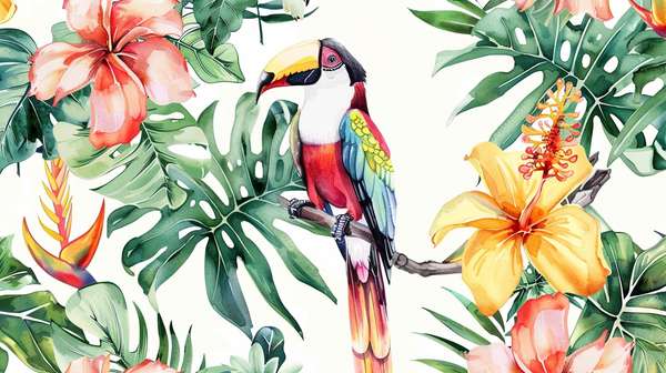 トロピカルな鳥と植物の鮮やかな水彩風イラスト