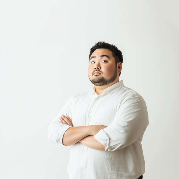 腕を組んで自信ありげに見つめる太めの男性
