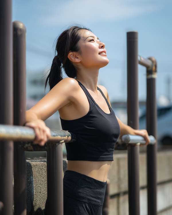 屋外のバーに寄りかかり空を見上げるスポーツウェア姿の女性
