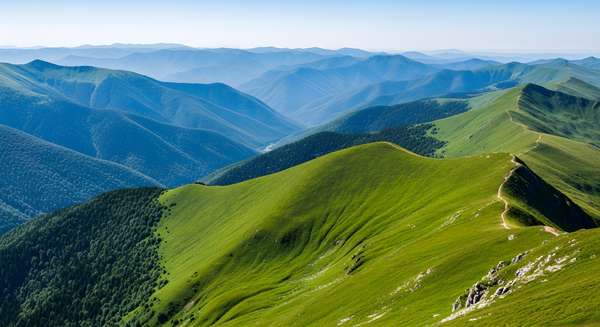 緑豊かな山々と続く尾根道の絶景