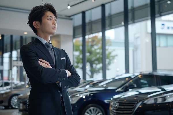 自動車ディーラーで腕を組む若手ビジネスマン