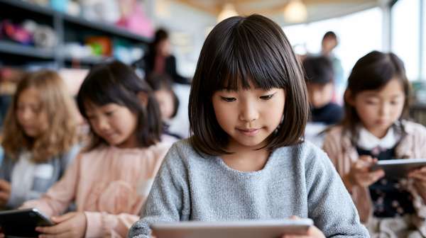 タブレットを使って学習する日本の小学生たち
