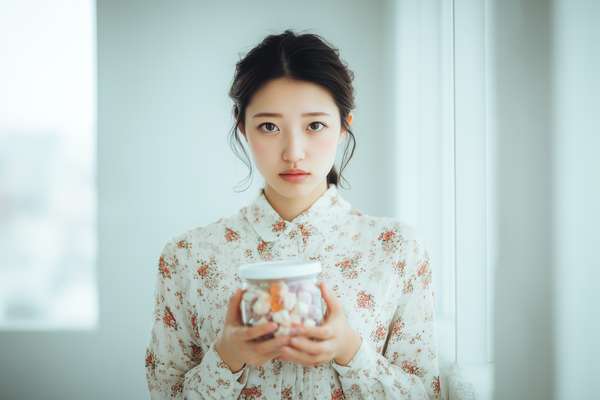 お菓子瓶を抱える花柄シャツの女性