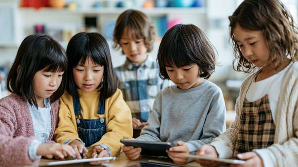 タブレットを使って協力して学習する子供たち