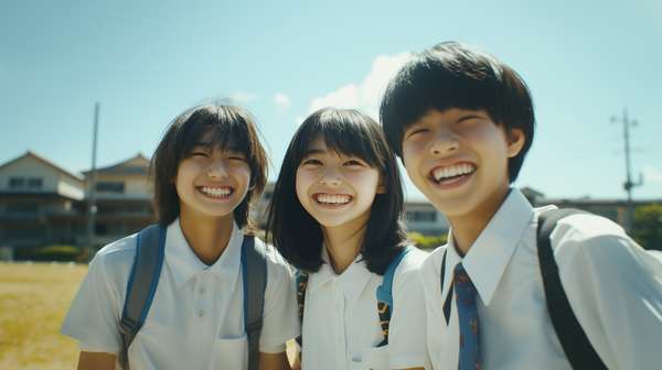 制服を着て笑顔で寄り添う学生たち