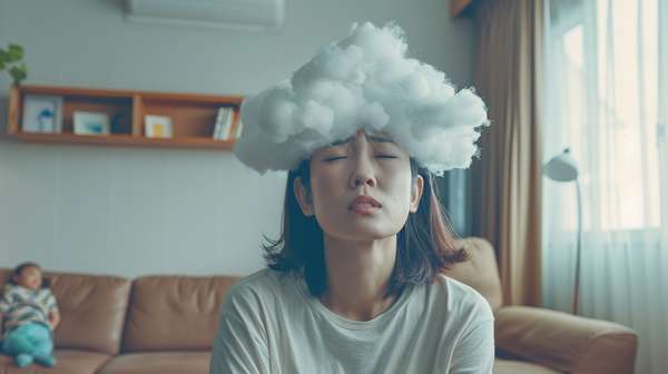 頭の上に雲を乗せてストレスを感じる女性