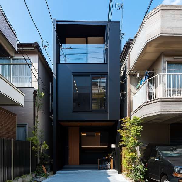 都会の狭小地に建つスタイリッシュな黒いモダン住宅