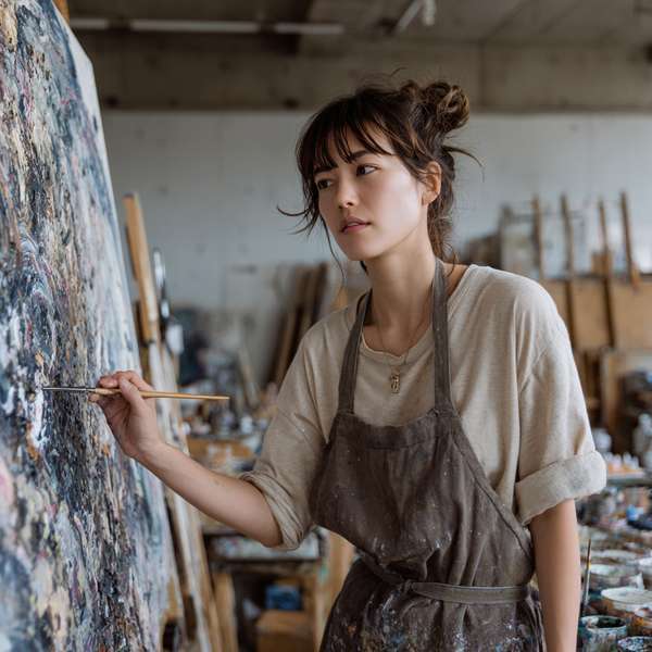 アトリエで絵画制作に取り組む女性アーティスト