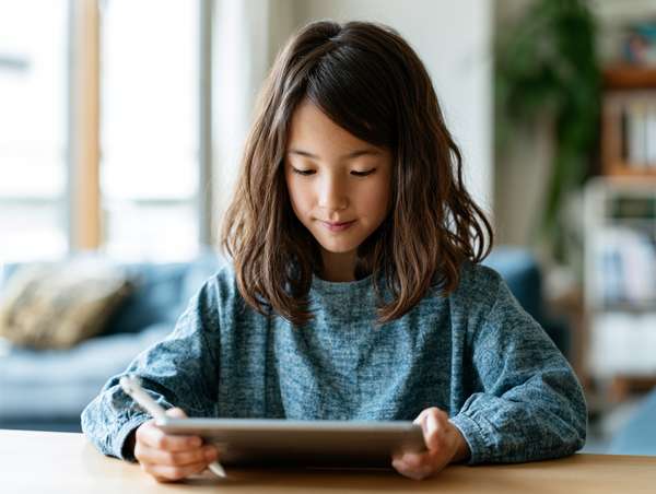 タブレットで学習する女の子