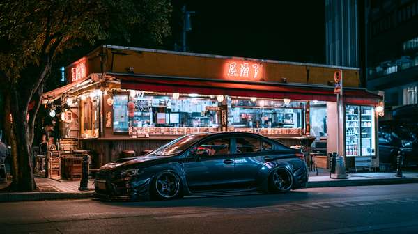 日本の屋台とカスタムスポーツカーの夜景