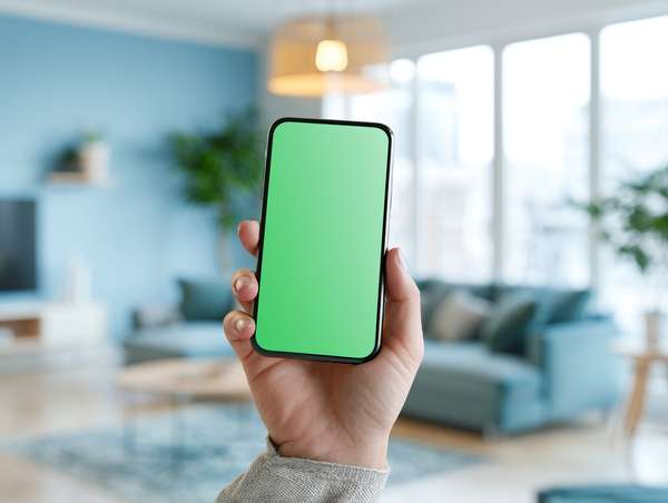 リビングでスマホを持つ手（グリーンバック）