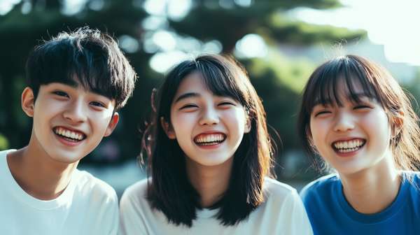 笑顔で並ぶ若者たちの明るいポートレート