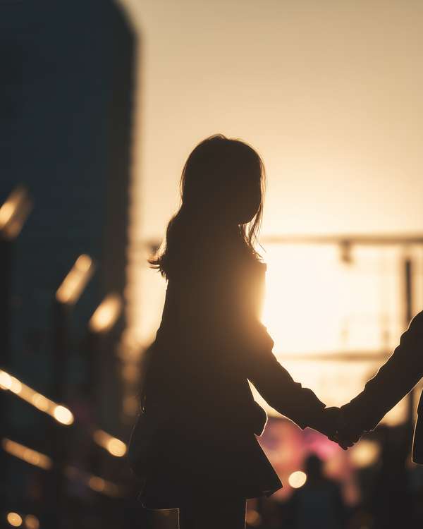 夕暮れ時に手をつなぐ二人のシルエット
