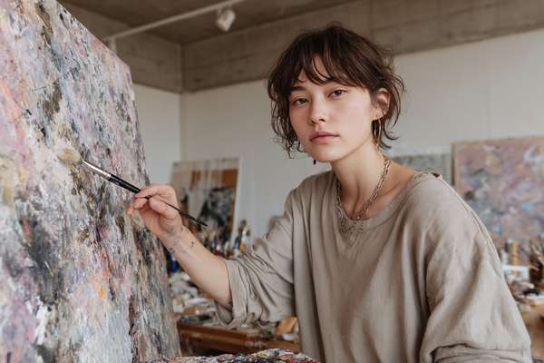 アトリエで絵画制作に取り組む女性アーティスト