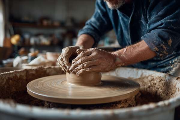ろくろで陶芸作品を作る職人