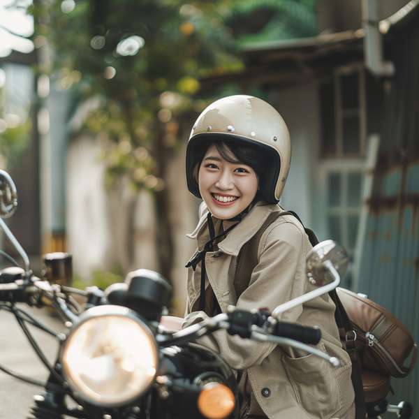 バイクで笑顔を見せる女性