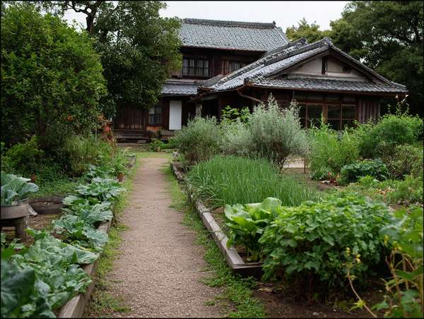 日本の伝統的な古民家と家庭菜園のある風景