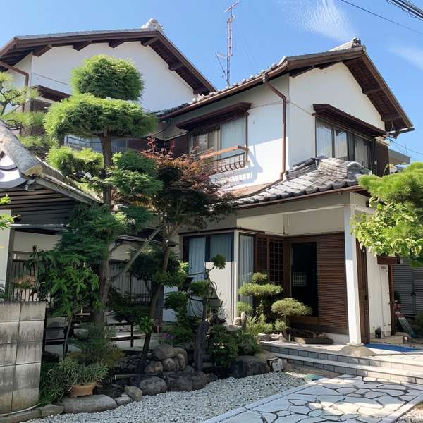 手入れの行き届いた庭のある日本の伝統的な邸宅
