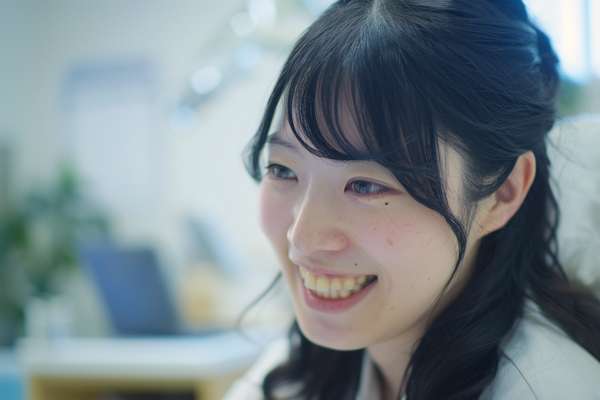オフィスで笑顔を見せる若い日本人女性