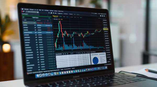 ノートパソコンで金融チャートを確認するビジネスシーン