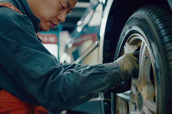 自動車整備工場でタイヤ交換作業をする整備士