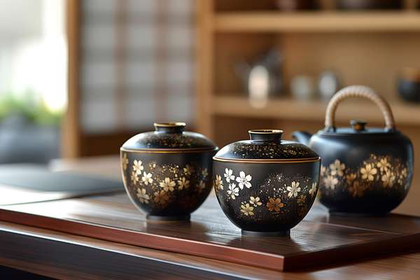 桜模様の漆器と急須