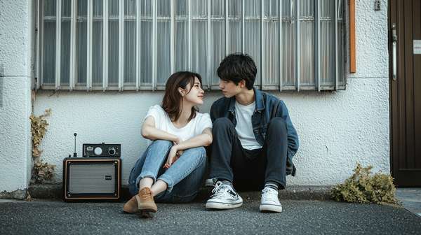 都会の路上で向き合い語り合う若いカップル
